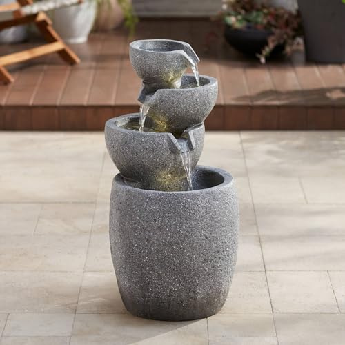 Four Bowls 32 High Large Zen Modern Indoor Outdoor Decor Gray Faux Stone Floor Fountain with Light LED Waterfall Cascading Water Feature for Outside Garden Patio Yard Backyard - John Timberland