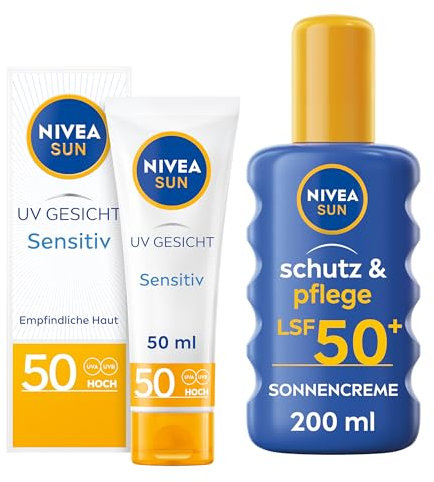 NIVEA SUN Set mit NIVEA SUN UV Gesicht Sensitiv Sonnenschutz LSF 50 und Schutz & Pflege Sonnencreme Spray LSF 50+, parfümfreie Gesichtscreme mit LSF, sofort wirksame und wasserfeste Sonnencreme