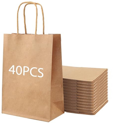 Kleine Papiertüten mit Henkel - 21x15x8 cm Papiertüten Braun - Geschenktüten Kraftpapier - 40 Stück Geschenktüten Braun Ideal für Weihnachten, Geburtstag, Hochzeit und Food-Verpackung