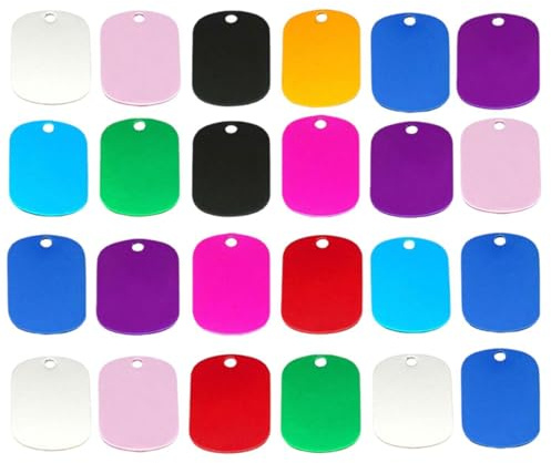 24-pack tomma namnskyltar, rektangulära etiketter i aluminium, lasergraverade namnskyltar, tomma hundmärken, metallnyckelringar, hängen för halsband (slumpmässiga färger)