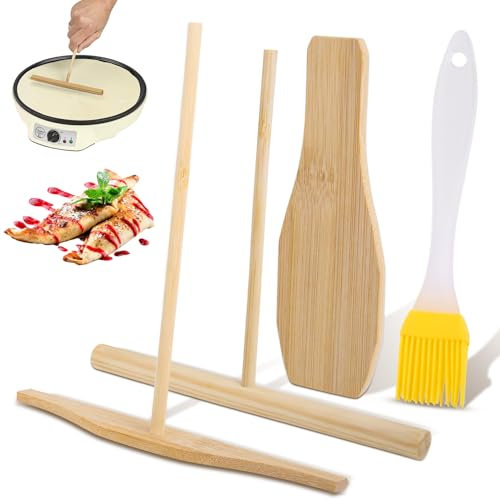 Fzyisw 4Pcs Crepe Spreader and Spatula Kit for Spreader and Turning Crepes, Wood Crepe Pancake Tool, T Shape Batter Spreader with Long Handle and Oil Brush, for Home Kitchen Cooking Baking Tools