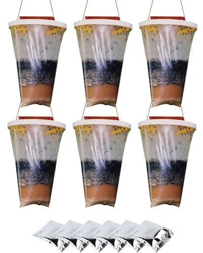 SGZIOO 6 Pack Fly Traps Bag, Disposable Fly Catcher Outdoor, Hanging Red Top - fly Trap Catcher with Bait, Non-Toxic fly Killer Bag for Outdoor Garden, Farm, Horse Barn and Ranch