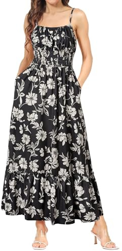 GRACE KARIN Women's Casual Strappy Smocked Maxi Dresses A Line Floral Summer Long Roman Dress Black with White Floral XXL