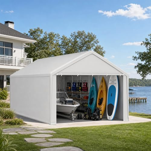 Aufun Carport tältgarage 4 x 8 m, vattentätt förvaringstält med PE-tak, JOD garagetält med avtagbara sidoväggar, UV-resistent vintersäkert skydd för bil, SUV, lastbil, båt, vit