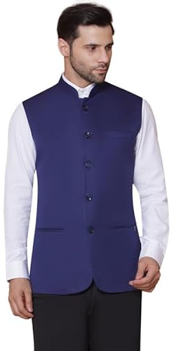 FAVOROSKI Gilet formale etnico da uomo, vestibilità regolare, cappotto formale Nehru con colletto alla coreana, giacca senza maniche con tasche, gilet etnico tradizionale per matrimoni e feste, Blu
