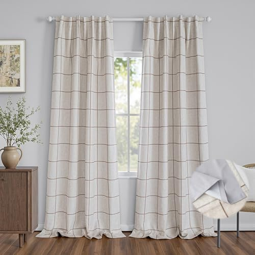 MYSKY HOME 100% Blackout Brown Plaid Linen Farmhouse Curtains 95 Inches Long for Dining Room Double Layer Thermal Insulated Striped Print Drapes with Rod Pocket Back Tab, 2 Panels, Wide 52 Inch