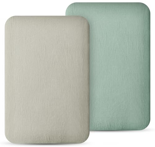100 % muslin bomull bassinett sängkläder 2-pack – ultramjukt, ventilerande och hudvänligt, passar oval och rektangel bassinettmadrass 84 x 46 x 10 cm, neutral för baby pojkar och flickor (grön och grå