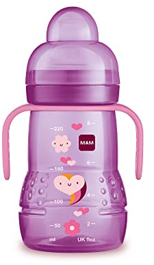 MAM Plastic Trainer Cup (1 Count), 8 oz. Trainer Drinking Cup with Extra-Soft Spout, Spill-Free Nipple, and Non-Slip Handles, for Girls 4+ Months, Designs May Vary