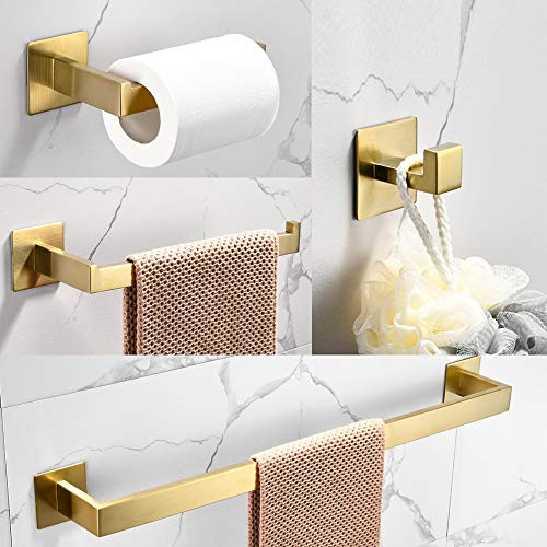WOMAO Juego de Accesorios de baño Adhesivo de 4 Piezas, Gancho para Toalla, Anillo, Soporte para Papel higiénico, Soporte para Papel higiénico, Moderno Acabado Dorado Cepillado diseño Cuadrado