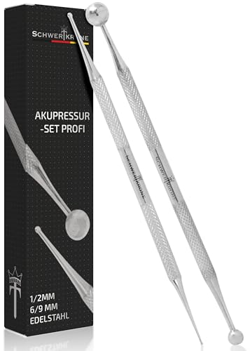 SCHWERTKRONE® Akupressurstift [PREMIUM ROSTFREIER EDELSTAHL] - Akupunkturstift Narbenstift - Narbenstick Akupressur Stift - Akupressur Akupunktur - Profi Set (1 + 2 mm / 6 + 9 mm Akupunkturstäbchen)