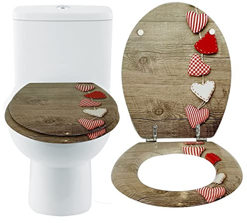 AQS INTERNATIONAL - Novelty Sturdy Luxury Wooden Toilet Seat- Oval Shaped, Resin Retro Durable MDF 3D Effect Printed Design, Stainless Steel Adjustable Hinges, Loo WC Toilet Seat (Heart Design)