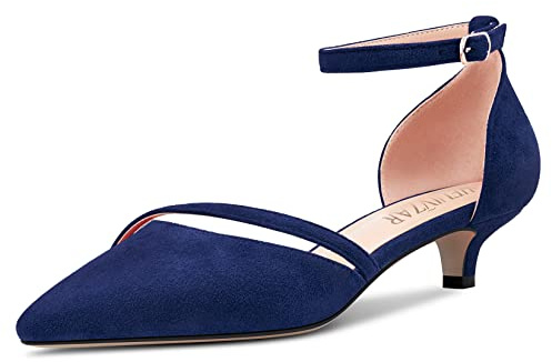 HEUIVZAR Mujer Heel Pumps Puntiaguada Punta Gatito Bajos Heel Correa Tobillo Sandalias Ante Dress Zapatos Novia Azul Marino 3.5 CM 39 EU