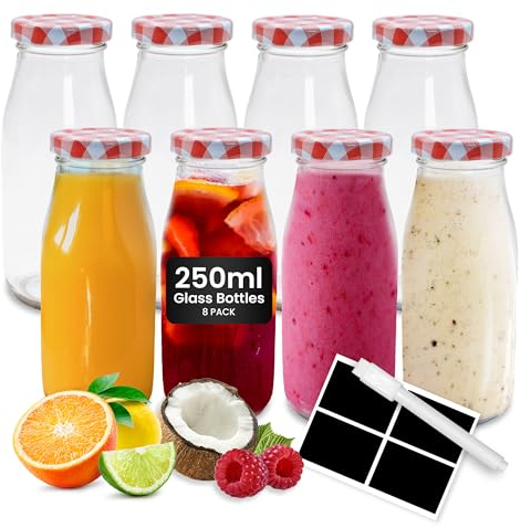 volila Botellas de leche de vidrio con tapas, paquete de 4 botellas de vidrio de 250 ml con tapas, etiquetas y bolígrafo, botella de leche reutilizable para jugos, aderezos, salsas, bebidas,