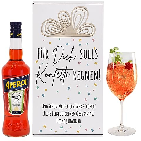 Herz & Heim® Geschenkset -Für Dich solls Konfetti regnen!- mit Glas, Geschenkbox und 0.7l Flasche Aperol, personalisiert
