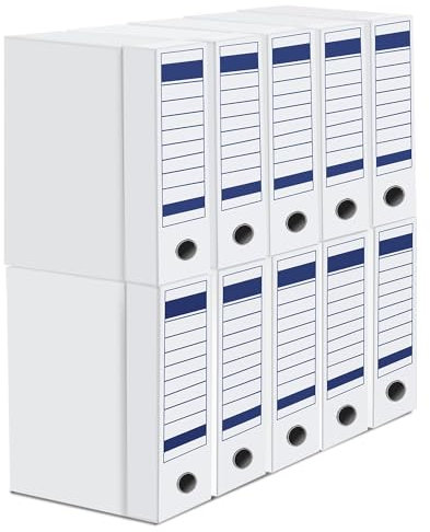 TIENDA EURASIA Caja de Archivo Definitivo, Pack de 10 Uds, para Documentos, Cartón, Blanco y Azul, 25x36x9 cm, Plegable, 2 Posiciones, Tamaño Folio, de Fácil Montaje