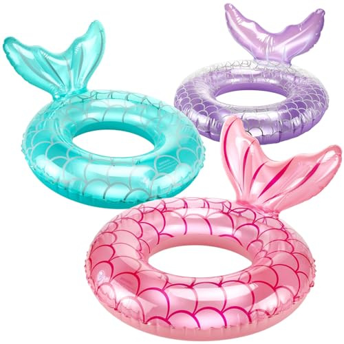 Halloscume 3 Pcs Inflatable Swimming Ring Mermaid Pool Float Tube Cute Swim Tubes Water Floats Kids Floaties for Outdoor Beach Swimming Pool Party Supplies, Pink, Blue, Purple