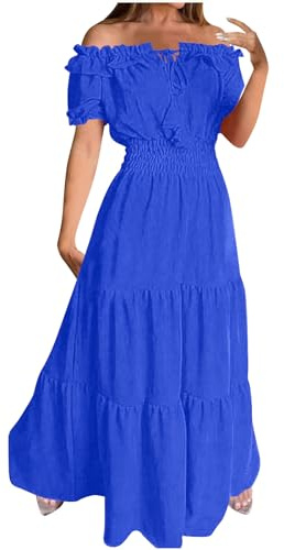 Zeiayuas Off Shoulder Dress for Women UK - Elegant Shirred Bubble Short Sleeve Elastic Waist Maxi Boho Casual Beach Holiday Long Sundress A-Line Vintage Milk Maid Ladies Blue