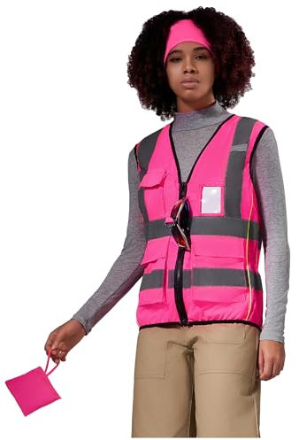AYKRM Warnweste Arbeitsweste für Damen, Hohe Sichtbarkeit Fahrradweste mit Reißverschluss und Taschen, Reflektierende Laufweste in Rosa, Rosa XS, Leuchtweste für Warnschutz