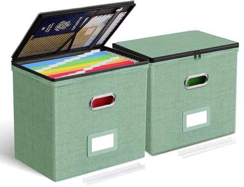 Oterri 2 Pack File Organizer Boxes with Lids, File Box with Mesh Pockets, Document Organizer Box for File Folders Letter Size, Zippers Filing Box for Home, Office, School (Green, Without Folders)