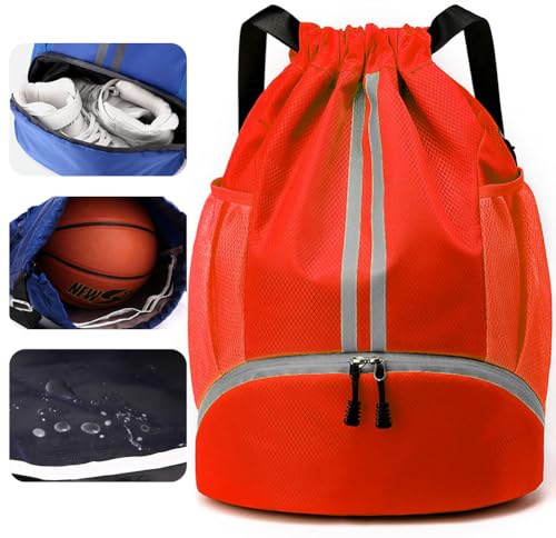 Veki Sport Rucksack mit Kordelzug, Turnbeutel Wasserdicht für Damen und Herren, Sportbeutel mit Bodenfach für Basketball, Fußball, Volleyball, Gymsack für Reisen, Fitnessstudio, Schwimmen (Rot)