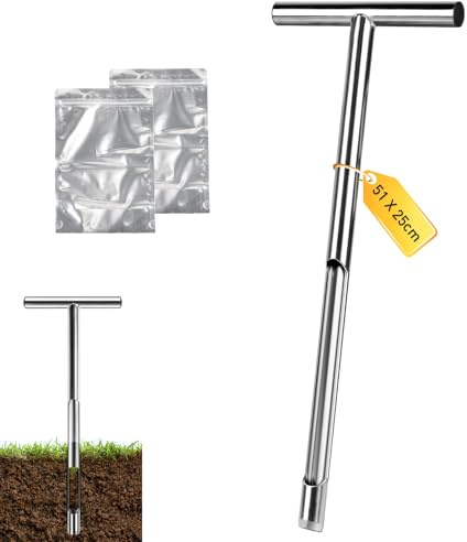 Supaway Bodenprobennehmer 51 cm Bodenproben-Sonde 304 Edelstahl Bodensonden mit T-Griff 2,5 mm Wandstärke Werkzeug für Bodenproben mit 2 Bodenprobenbeuteln zum Testen Gartenerde Landwirtschaft Forst