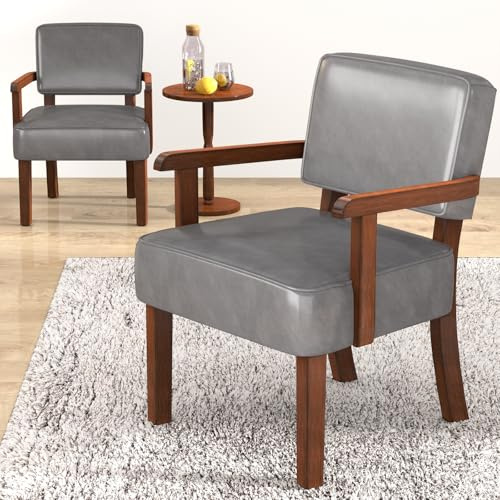 FAGAGA Accent Chair, PU Leather Oversized Living Room Chairs with Soft Seat and Armrests, Armchair for Bedroom, Dinning, Reading and Waiting Rooms (Leather Gray)
