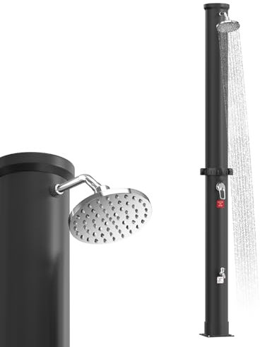 UISEBRT Solardusche 40 Liter, Solar Gartendusche 216 cm Hoch, Regenduschkopf Schwenkbar, max. 60°C, Aussendusche mit Wasserhahn & Anschlussset für Pool, Garten und Camping (Schwarz)