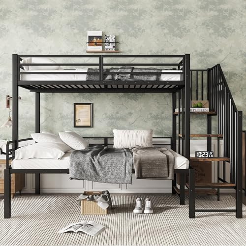 Trdlpyn Letto a Castello in Metallo 90x200cm e 120x200cm, Mobiletto Angolare con Scala e Spazio di Archiviazione, Letto a Soppalco per Bambini e Adolescenti, Facile da montare, Nero