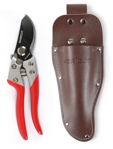 AGRICUT Pruning Shears and Holster - Garden Shears 1 Inch Cut Capacity High Carbon Steel with Pruner Sheath Bypass Garden Scissors Heavy Duty