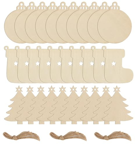 30 Adornos Navidad Madera, Adornos Colgantes Decoracion Arbol de Navidad, Decoración Navideña Bolas/Botas Navideñas/Árboles de Navidads para Manualidades Etiquetas de Regalo
