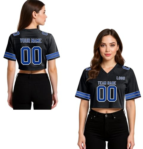 Women American Football Jersey Custom Crop Tops for Women Personalized Name Number Short Shirt Y2k Jersey Girls Streetwear Blue