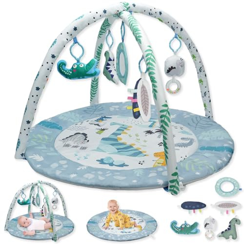 MFSLOVE Baby Play Mat and Activity Gym, Colorful Animal Design with 5 Hanging Toys, Interactive Floor Mat for Infants, Round Padded Playmat for 0-12 Months (Dinosaur)
