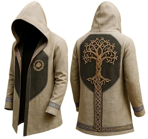 Generisch Sudadera con capucha vikinga para hombre, longitud media, primavera, otoño, cárdigan de punto para cosplay, disfraz con capucha, estampado 3D, abrigo fresco, chaqueta de motorista, sudadera