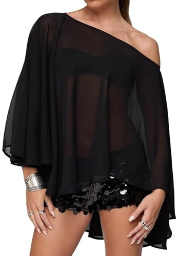 Acrawnni Women Chiffon Poncho Top Y2k Flowy One Shoulder Sheer Shawl Tops Asymmetrical Hem Mesh Cape Cover Ups Wedding Party (A-Black, S)