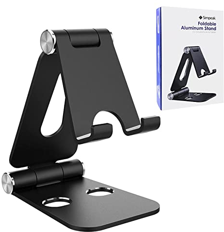 Simpeak Support Téléphone, Support Tablette, Support Dock pour Téléphone Portable Tablette et eBook, Support de Bureau en Alliage d'Aluminium Pliable, Angle Réglable - 163 g Chacun, Noir