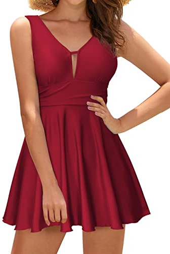 SHEKINI Mujer Bañador con Falda Traje de Baño Retro Cuello de V Acolchado Ruched Control Abdomen Halter Traje de Baño de Una Pieza Tankinni Deportivo（M，Vino Tinto-2）