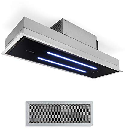 Klarstein High Line Hotte aspirante de plafond - encastrée, 77 cm, 410 m3/h, air de circulation et d'évacuation, 3 niveaux, LED, télécommande et filtre à charbon actif, inox/verre noir