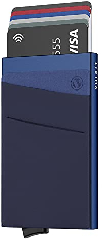 VULKIT Porte Carte Homme ou Femme avec Poche Billets Mince Portefeuille Homme Métal Porte Carte Bancaire RFID Anti Piratage, Marine