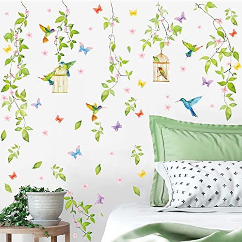 KAIRNE 108 Stück Grüne Blätter Wandtattoo,Modern Wandaufkleber Wohnzimmer,Grüne Pflanze Wandtattoo,Abnehmbar Hängende Rebe Wandbild,Blumen Wandsticker Vogel Aufkleber für Fenster Schlafzimmer Wanddeko