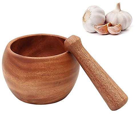 UPTALY Set med naturligt trä och mortel (stor storlek diameter 11,5 cm), robust vitlökskvarnar i rosenträ, träkryddor, mosare, manuell mosare, guacamoleskål och mortel