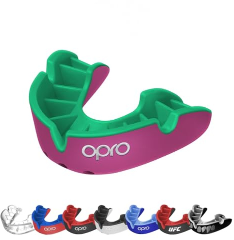 OPRO Silver Level Mouthguard Essential Fit - Gum Shield Adult and Kids - OPRO Mouth Guard Boxing and MMA, Easy Self-Fit Gum Shield Rugby - Superior Protection with Dental Warranty (Pink/Green)