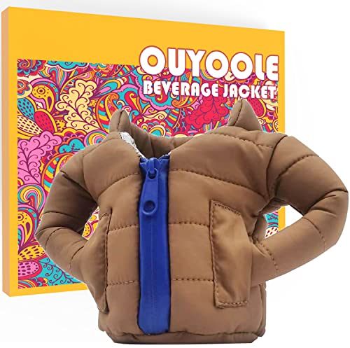 OUYOOLE Beer Can Cooler Jacket, Can Cooler Insulated Vest Jacket Cover, Beer Gifts for Men Women Beer Lovers,Beverage Jacket Drink Coolies(Brown