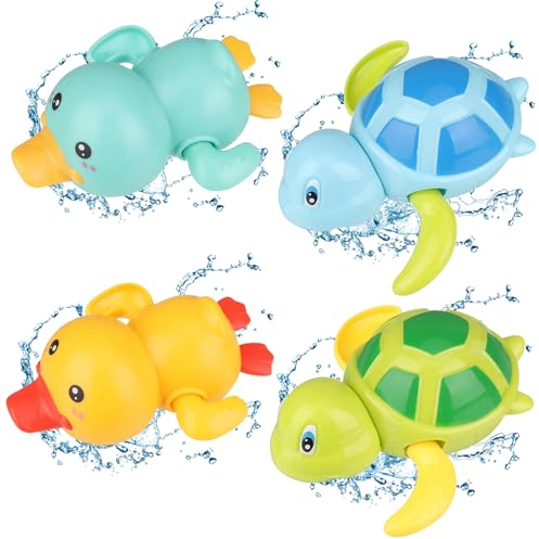 Pinenuts Baby Bath Toys, 4 Pcs Baby Bath Tub Toys Wind-up Toys Paddling Pool Toys Floating Swimming Ducks & Turtles Water Toys for Toddler Kids Girls Boys Bath-time Shower Gifts