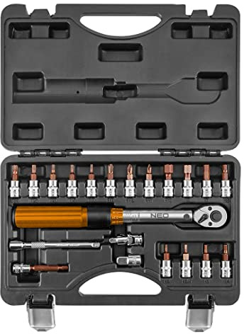 NEO TOOLS Zweirichtungs-Drehmomentschlüssel, 1/4 Zoll, 5-25 Nm, 21-teiliges Set mit Bits, Verlängerung und Adapter