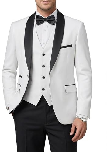 Hihawk Mens 3 Piece Tuxedo Set with Bow Tie, One Button Shawl Lapel Jacket Vest Pants, Slim Fit Suit Party Wedding Prom Tux, Black Collar White Medium