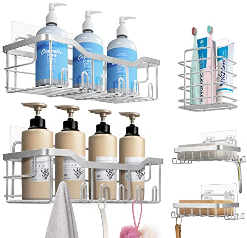 Duschablage Ohne Bohren, 5 Stück Badezimmer Organizer, Duschregal Ohne Bohren, Bad Organizer Badezimmer Regal Silbergrau aus SUS304 Edelstahl, Badregal Duschkorb Shampoo Halterung für Dusche