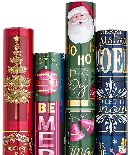 RUSPEPA Papel De Regalo Navidad - Papá Noel, Muñeco De Nieve, Árbol De Navidad Y Diseño De Campana - 4 Rollos - 43.5x305 cm Por Rollo
