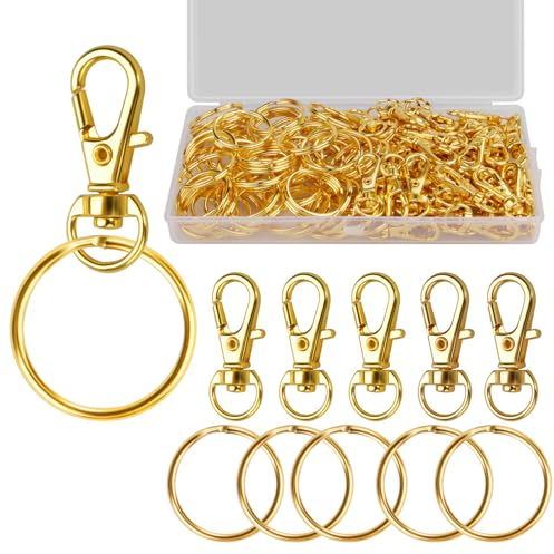 100 Stück Schlüsselringe Karabinerhaken Klein Schlüsselanhänger Drehgelenk Karabiner Edelstahl mit Kunststoffbox Schlüsselanhänger Machen Basteln(Golden)
