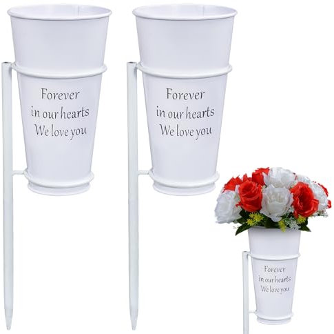 Metal Cemetery Vase, Memorial Headstone Vase with Ground Spikes for Artificial Flowers Plants, Flowers Holder for Cemetery Gravesite (White-2PCS), Flowers is not included