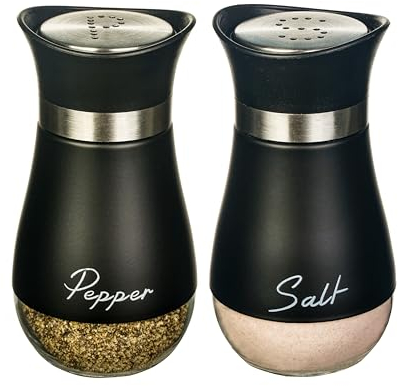 Set saliera e pepiera, saliera e pepiera con base in vetro e coperchio in acciaio inox, adatta per utensili da cucina,contenitori per spezie per barbecue, saliera e pepiera Shaker (Nero)